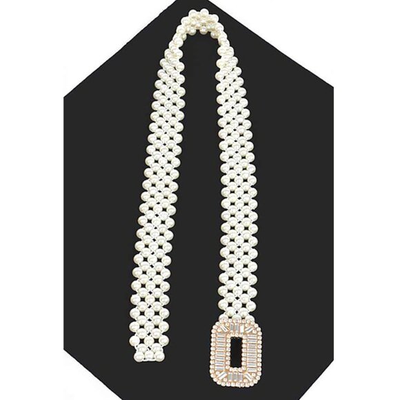 BNWT Brand New Crystal Buckle Faux Pearl Elastic Belt Bridal Belt Stretch Belt - Picture 5 of 5